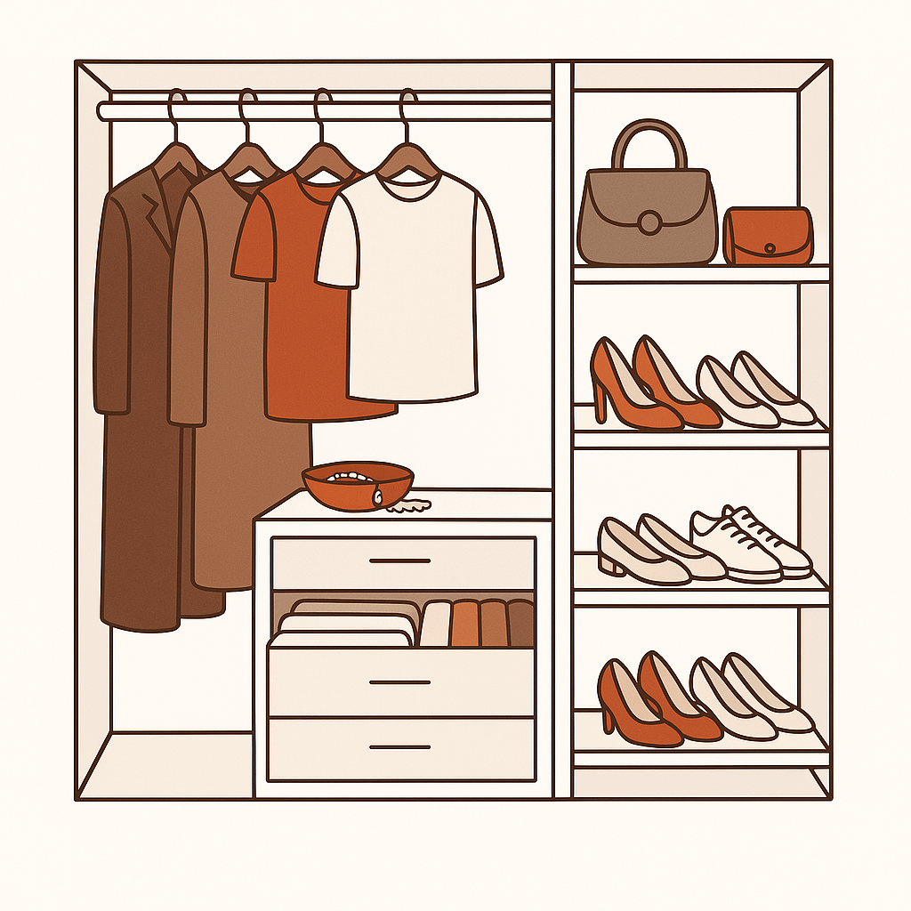 Aufgeräumter Kleiderschrank mit nach  der KonMari-Methode gefalteten und sortieren Kleidung, Schuhen, Accessoires und Schmuck (gezeichnetes Bild) - für Kleidung